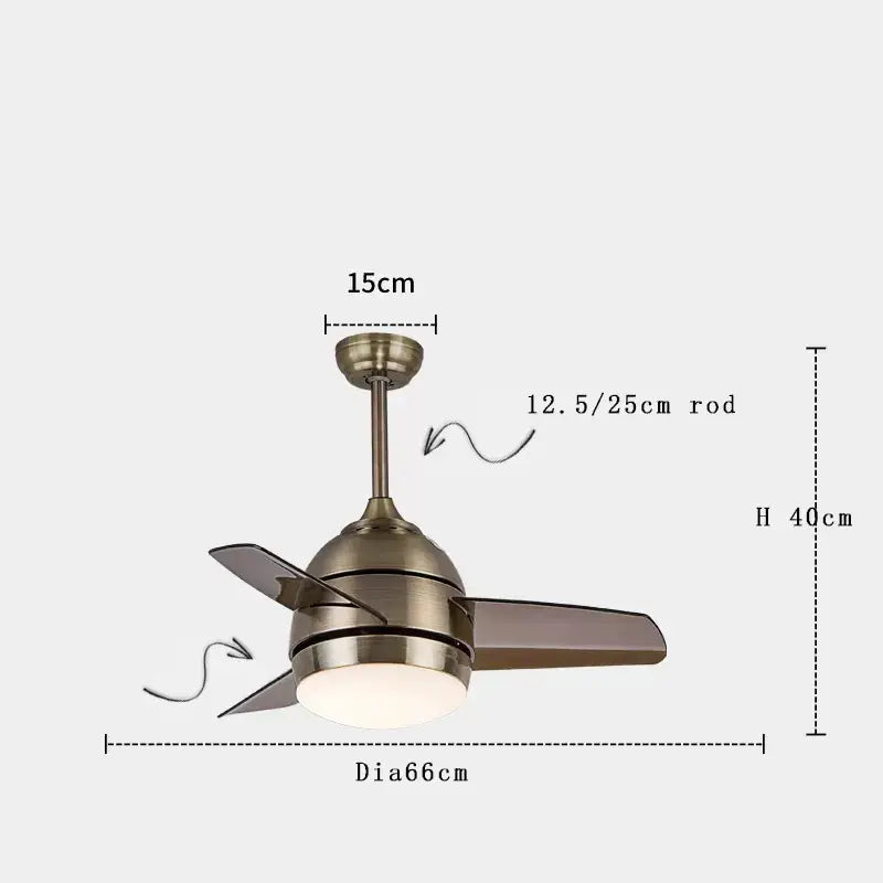 Brass-finished ceiling fan with three dark gray blades and integrated light decorbites brushed copper remote control model