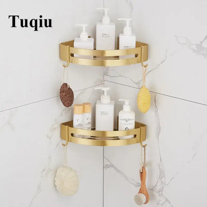 Brushed gold aluminum two-tier corner shower shelf with hooks and open sides for easy bathroom storage by decorbites