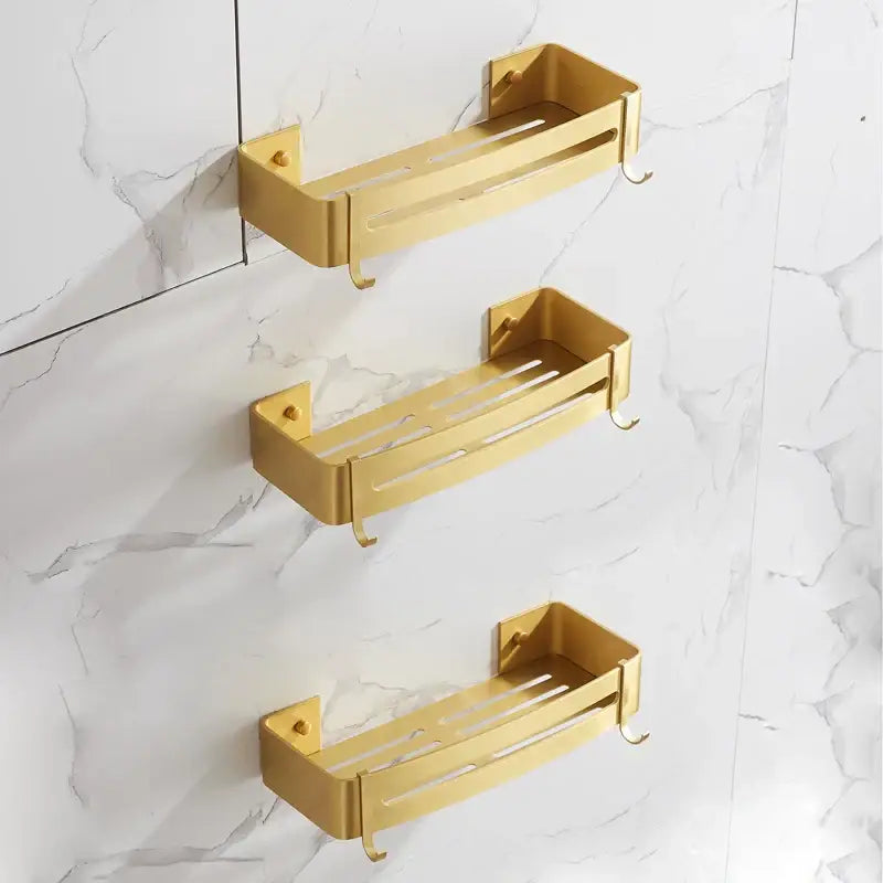 Brushed gold aluminum 2 tier corner shower shelf with hooks by decorbites featuring sleek modern design