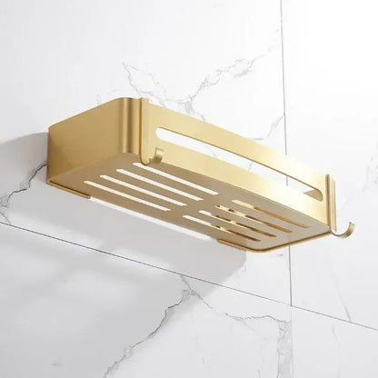 Brushed gold aluminum 2 tier corner shower shelf with slatted design and hook for bathroom decorbites brushed gold