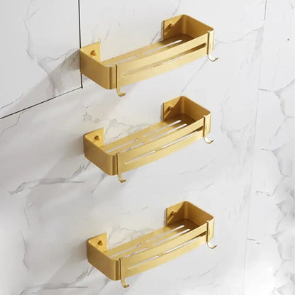 Brushed gold aluminum 2 tier corner shower shelf with integrated hooks for bathroom storage by decorbites brushed gold