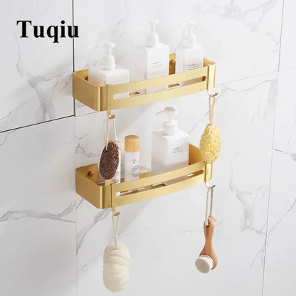 Brushed gold aluminum two-tier corner shower shelf with hooks and sleek metallic finish for bathroom organization