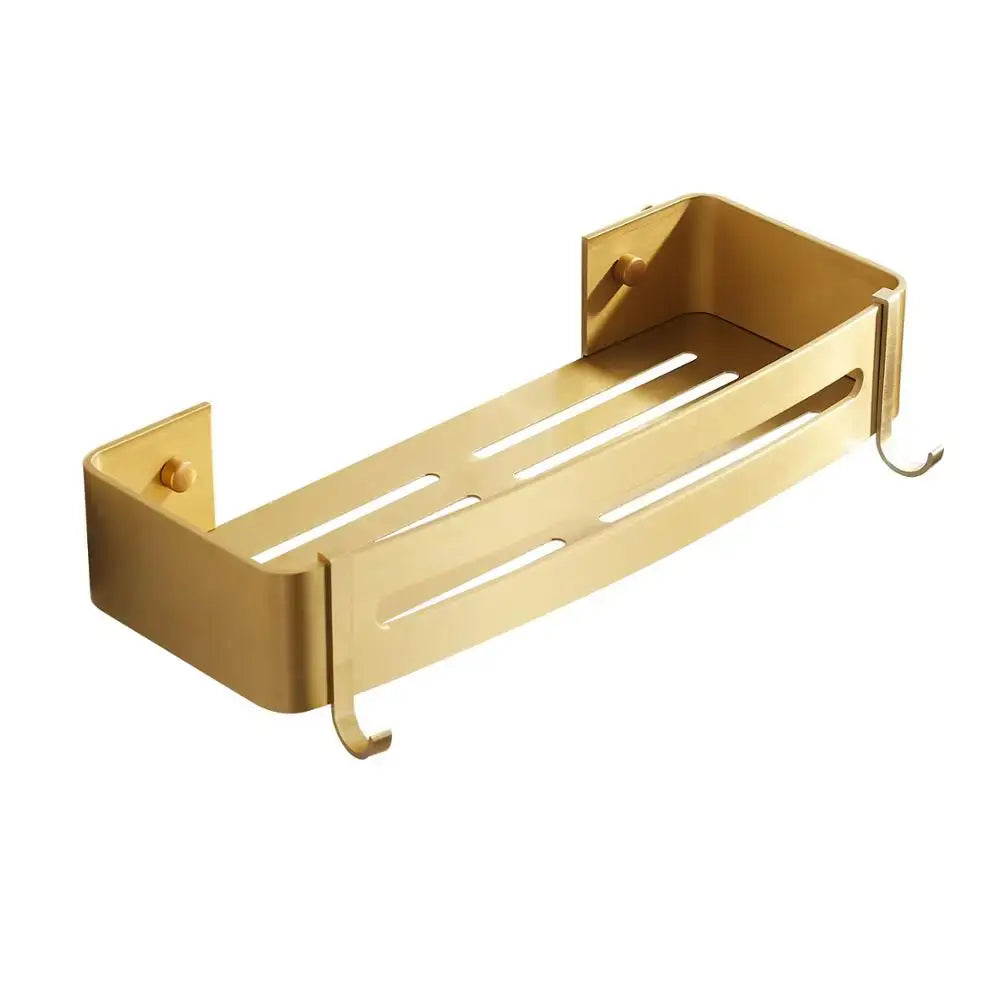 Brushed gold aluminum 2 tier corner shower shelf with slotted sides and hooks for bathroom organization by decorbites