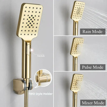Brushed gold and black shower faucet mixer set featuring a gold rectangular showerhead with multiple spray settings