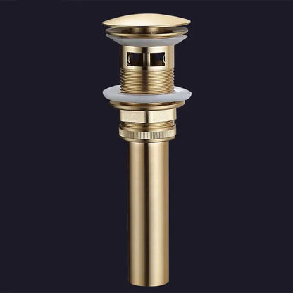 Brushed gold and white ceramic bathroom sink drain assembly kit with sleek cylindrical brass drain and integrated stopper