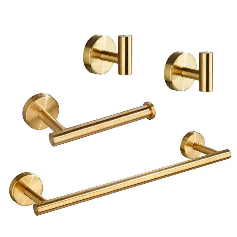 Set of brushed gold stainless steel hardware set including hooks towel rack and toilet paper holder for bathroom use