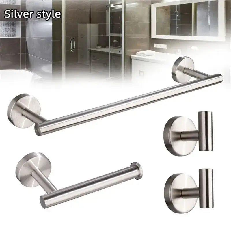 Silver-toned stainless steel bathroom hardware set with towel rack and toilet paper holder featuring sleek minimalist design