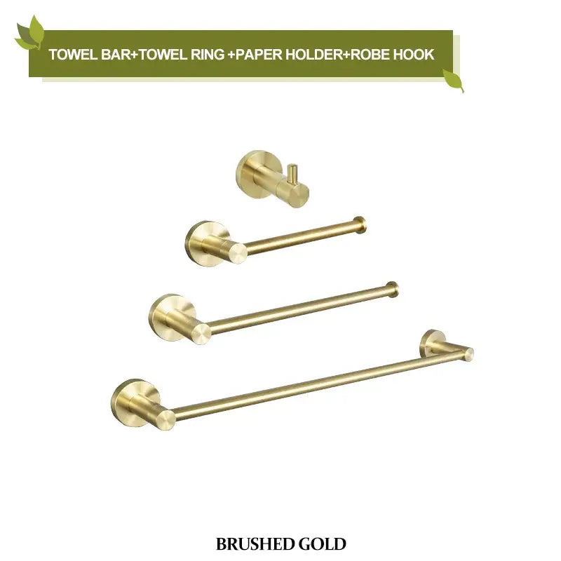 Brushed gold bathroom pendant set by decorbites featuring towel bar towel ring paper holder and robe hook hardware