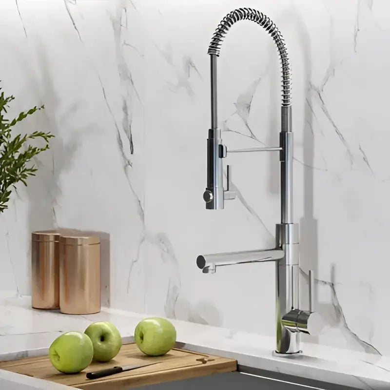 Chrome finished flexible gooseneck kitchen faucet with pull down spray head in brushed gold decorbites brushed gold style
