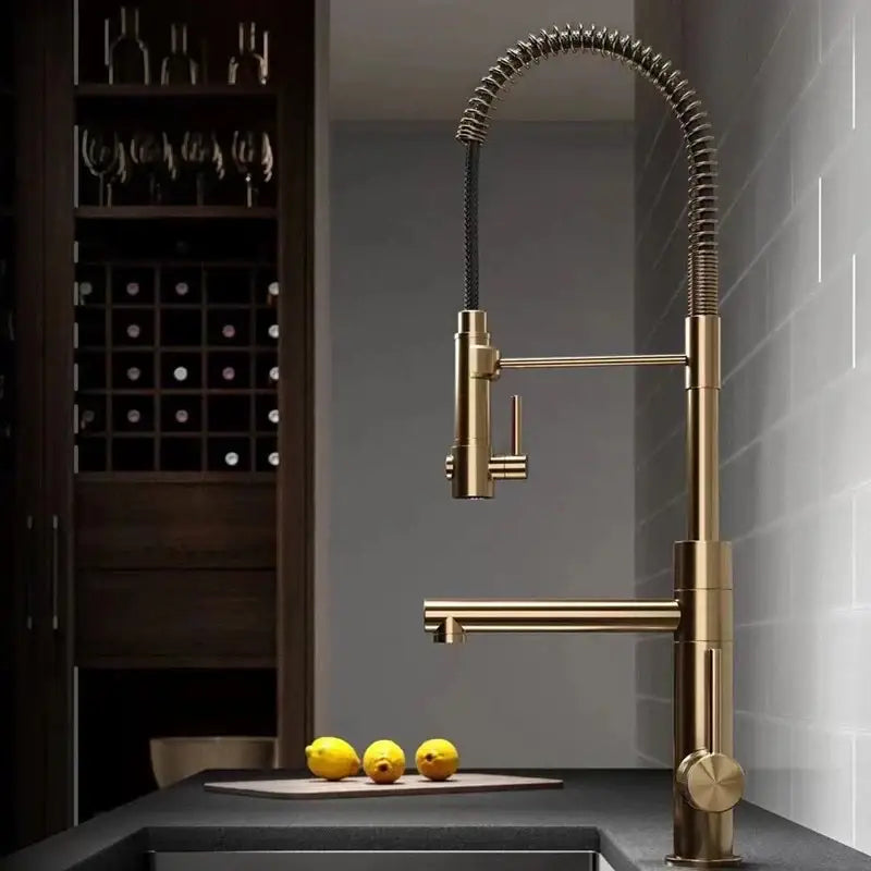 Brushed gold kitchen faucet with flexible coiled gooseneck spout and pull-down spray head by decorbites