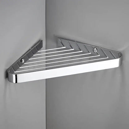 Brushed gold brass bathroom shower rack with hooks and chrome-finished triangular caddy featuring angled ridged bars