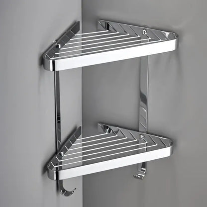 Brushed gold brass bathroom shower rack with chrome-finished two-tier triangular corner shelf and integrated hooks by decorbites