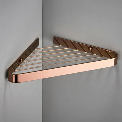 Brushed gold brass bathroom shower rack with rose gold triangular corner shelf and polished metal finish for decorbites brass bathroom