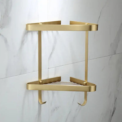 Brushed gold brass bathroom shower rack with hooks minimalist two-tiered corner shelf for decorbites brass bathroom storage