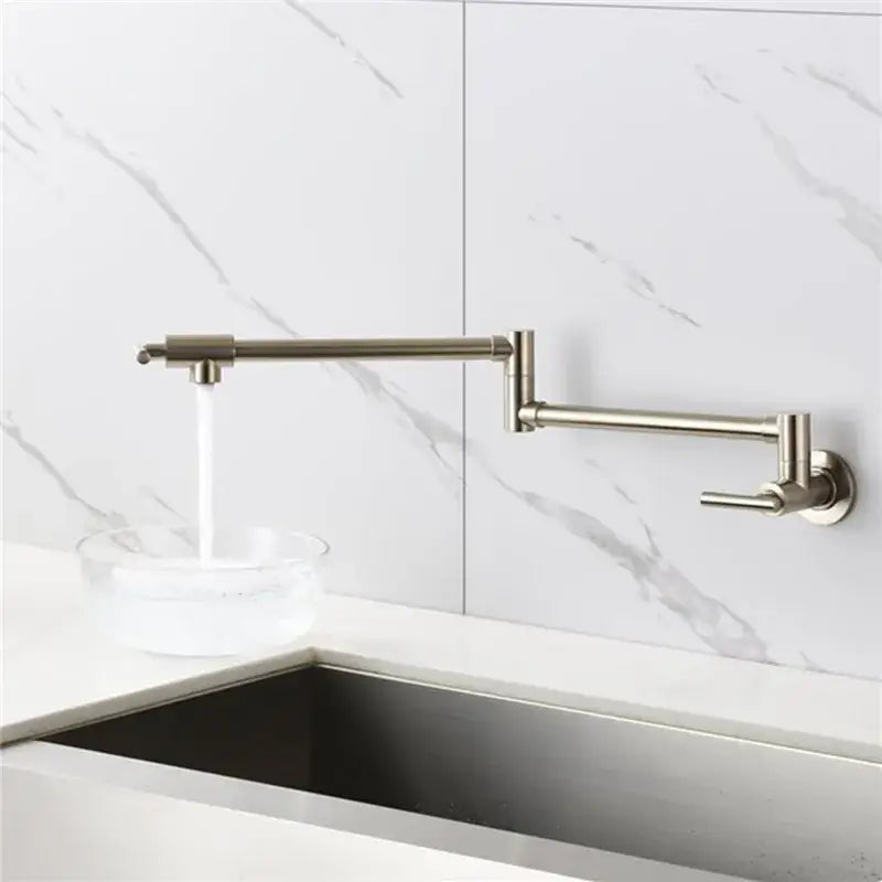 Brushed nickel gooseneck pot filler faucet with dual handles and extendable design for kitchen wall mount use