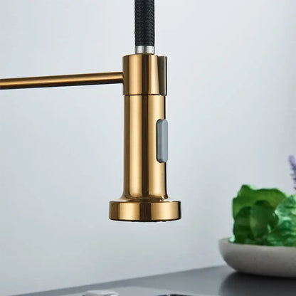 Brushed gold kitchen faucet with flexible spring hose featuring a sleek metallic finish and black braided hose