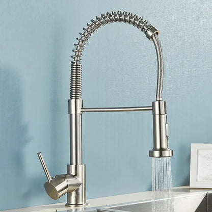 Brushed gold kitchen faucet with stainless steel flexible coiled spring hose and pull-down spray head for kitchen use