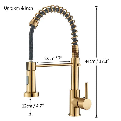 Brushed gold kitchen faucet with flexible coiled spring hose and modern sleek design for efficient use