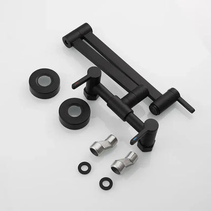 Black matte kitchen faucet with two handles and hardware for a brushed gold kitchen faucet with foldable spout design