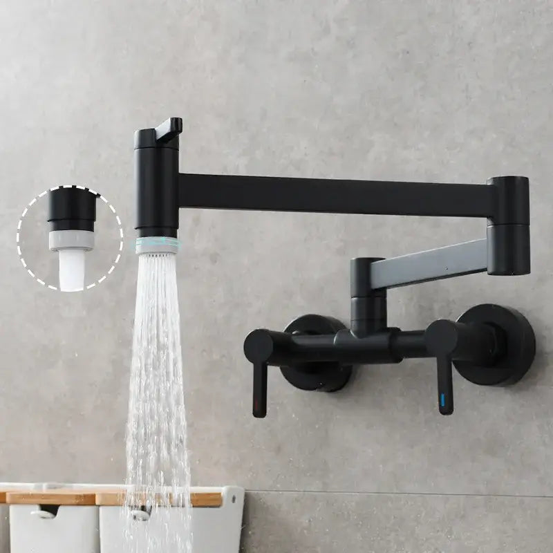 Black matte wall-mounted kitchen faucet with flexible gooseneck spout and dual handles in brushed gold foldable spout design