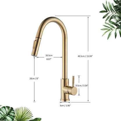 Brushed gold kitchen faucet with high arc pull down spray head featuring a sleek curved spout by decorbites