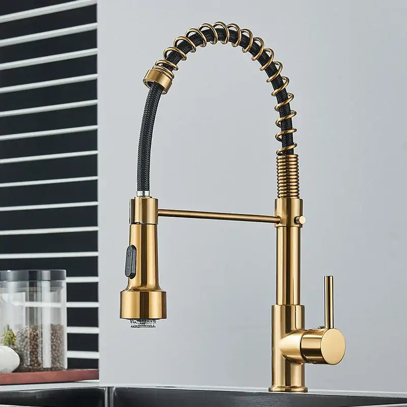 Brushed gold led kitchen faucet with black spring pull down hose by decorbites featuring a modern flexible design