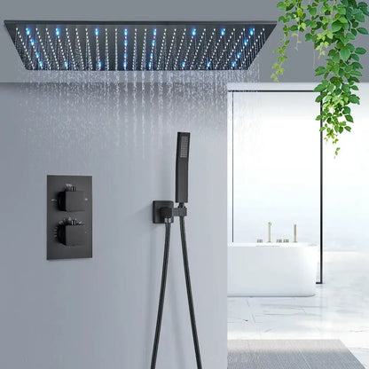 Black rectangular rain shower faucet set with blue led lights and multiple water jets for bathroom use