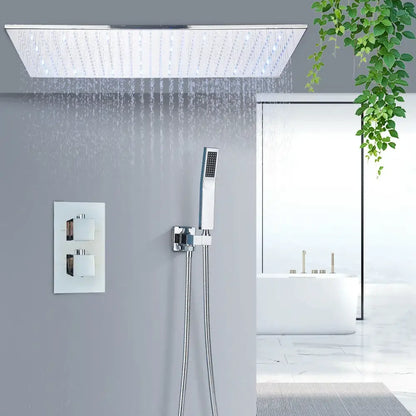 Modern chrome-finished rectangular rain shower head with integrated led lighting in brushed gold shower faucet set for bathroom