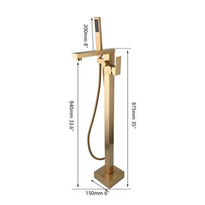 Brushed gold mixer roman tub faucet with sleek rectangular design and attached handheld shower for bathroom use