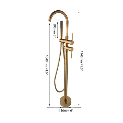 Brass-finished brushed gold mixer roman tub faucet with curved spout and two cylindrical handles for bathroom use