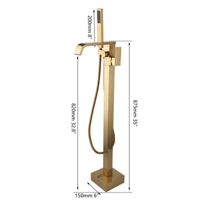 Brushed gold mixer roman tub faucet with handheld showerhead features a modern rectangular design and bath mixer roman style