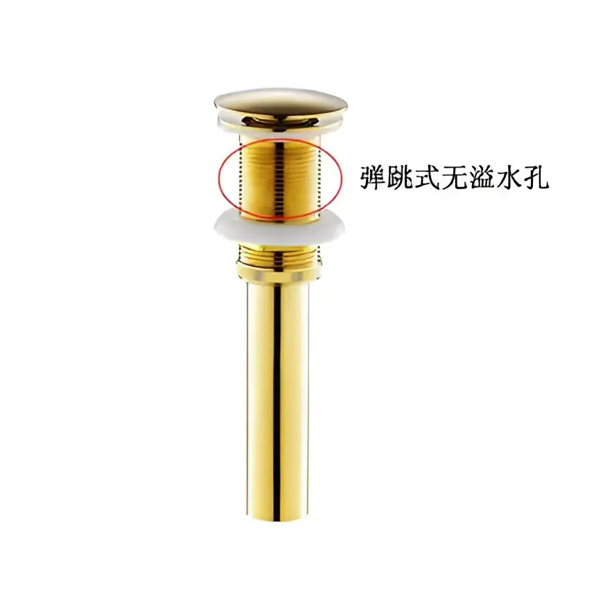 Brushed gold cylindrical pop-up drain stopper with sleek metallic finish and threaded design for bathroom sinks