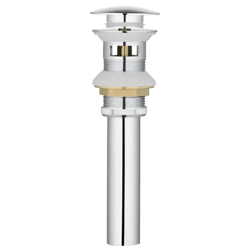 Chrome-finished bathroom sink pop-up drain stopper with brass-colored flange and threaded metal components back side