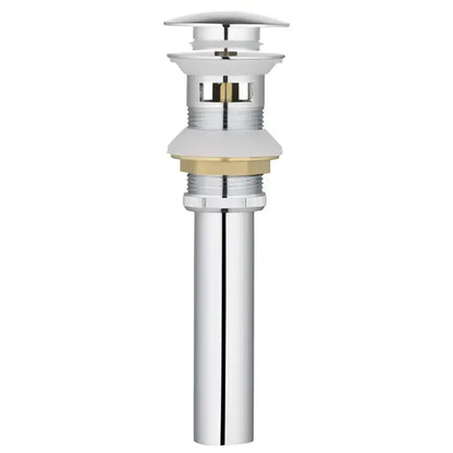 Chrome-finished bathroom sink pop-up drain stopper with brass-colored flange and threaded metal components back side