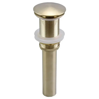 Brass-finished brushed gold pop-up drain stopper with rounded top and threaded body for bathroom sink drains