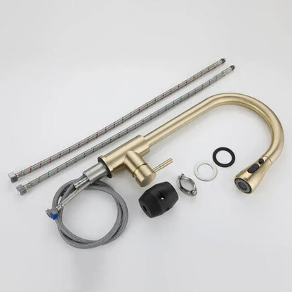 Brushed gold decorbites pull out kitchen faucet with curved spout textured hose and flexible braided hoses mounting hardware