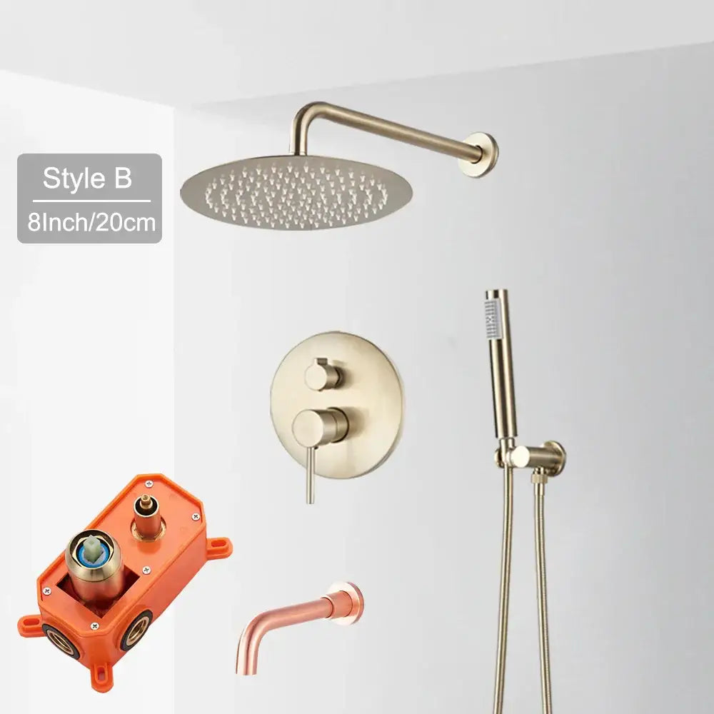 Brushed nickel round showerhead with modern design and multiple nozzles in brushed gold rainfall shower faucet set
