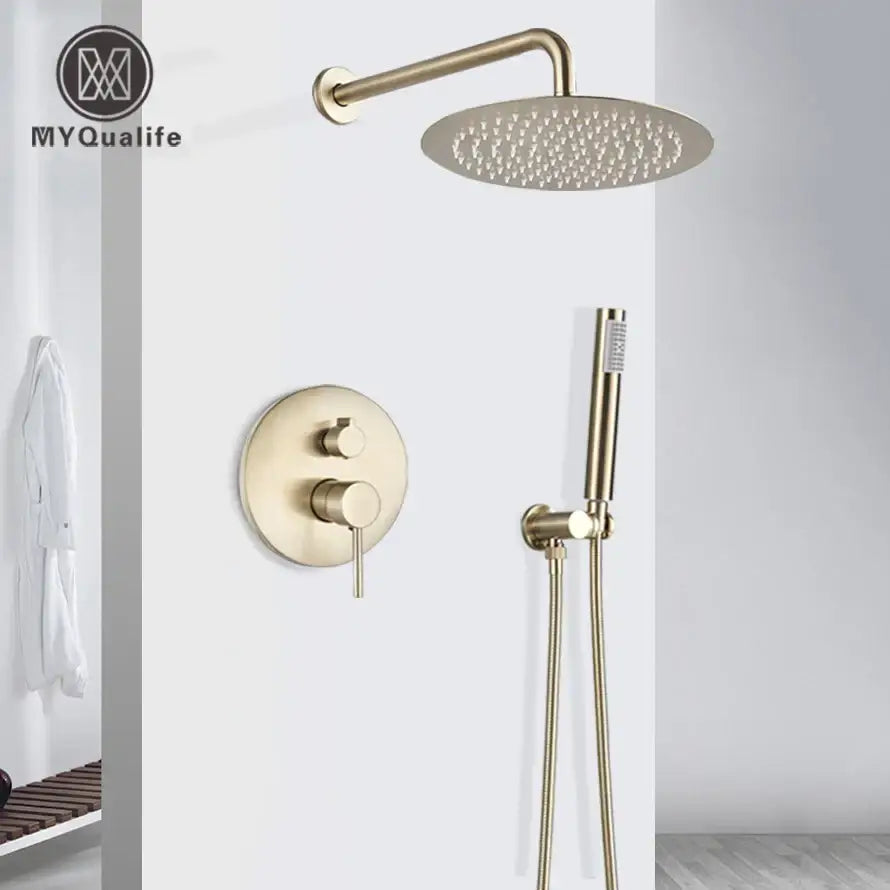 Brushed gold rainfall shower faucet set with brass-finished round shower head and matching handheld attachment