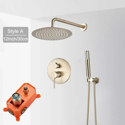 Brass-finished 12-inch round shower head with multiple spray nozzles in a brushed gold rainfall shower faucet set