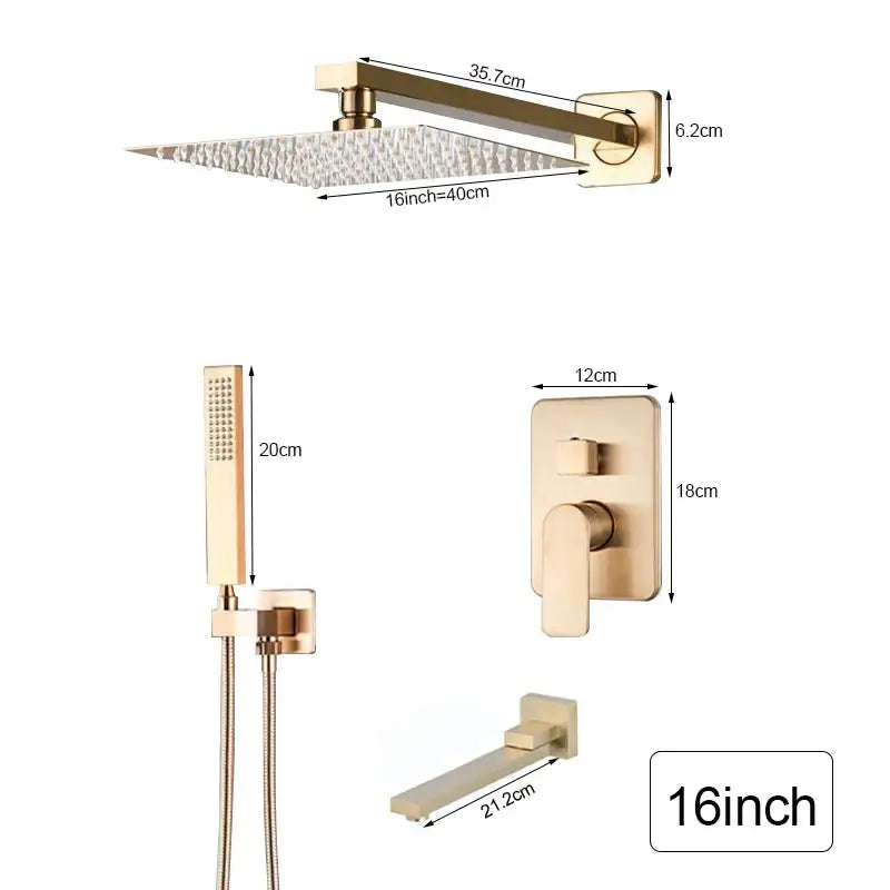 Brushed gold shower faucet with rectangular rainhead handheld sprayer and wall-mounted valve by decorbites brushed gold