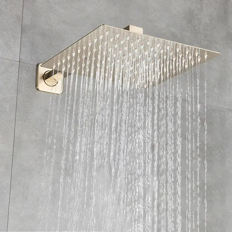 Square-shaped brushed gold shower faucet with multiple water streams and decorbites brushed gold finish rainfall design