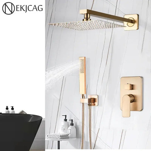 Brushed gold shower faucet by decorbites with rectangular rainhead handheld sprayer and wall-mounted valve