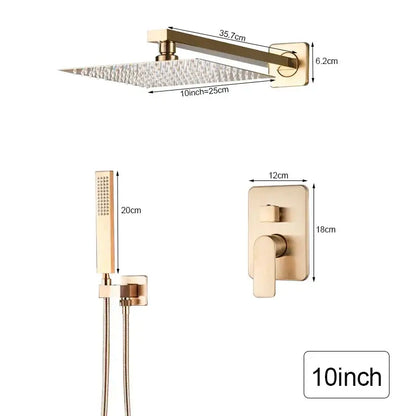 Brushed gold shower faucet with rectangular rainfall shower head and hammered finish decorbites brushed gold model