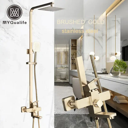 Brushed gold stainless steel shower mixer with square rainfall head and handheld spray by decorbites