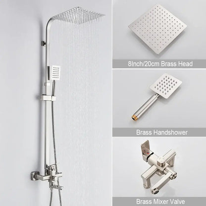 Brushed gold shower mixer set with stainless steel square rain shower head and matching brass handheld spray by decorbites