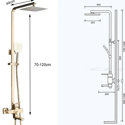 Brushed gold shower mixer with rainfall head and handheld spray featuring square rainhead and adjustable height decorbites brushed gold