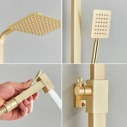 Brushed gold shower set with square rainhead handheld sprayer and wall-mounted bidet mixer tap by decorbites