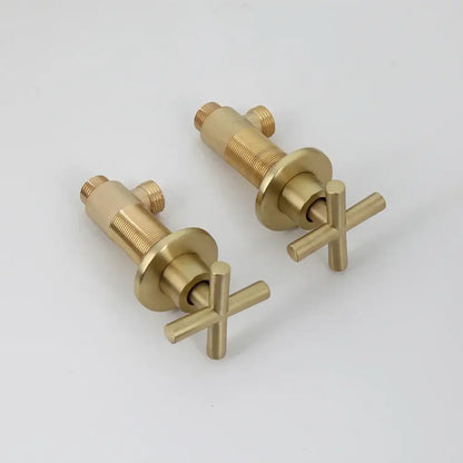 Pair of brass-finished cross-handle bathroom faucets with threaded connections for brushed gold shower faucet set