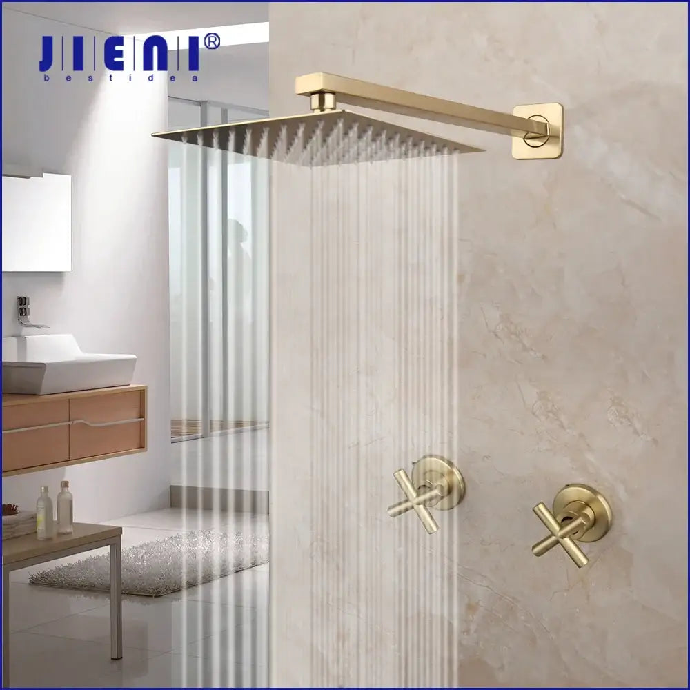 Brushed gold square rainfall shower faucet set with cross handles featuring gold-finished rain shower head and faucet set