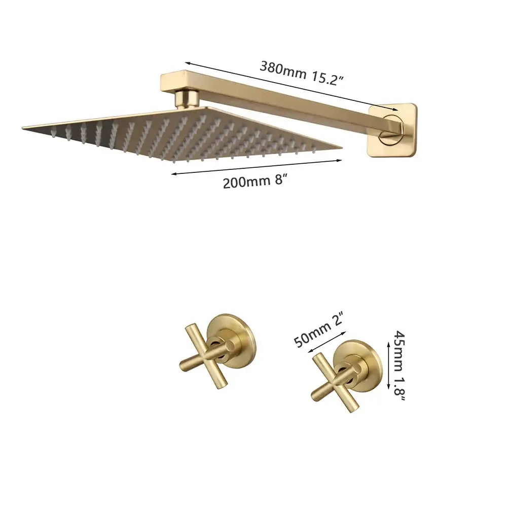 Brushed gold square rainfall shower faucet set with gold-toned square showerhead and cross handles for bathroom use